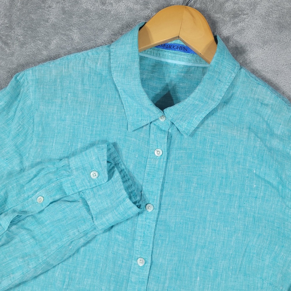 J.McLaughlin Shirt Womens Large Turquoise Blue 100% Linen Button Up Coastal
